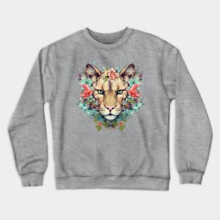 Vintage Mountain Majesty: Floral Crowned Lioness Crewneck Sweatshirt